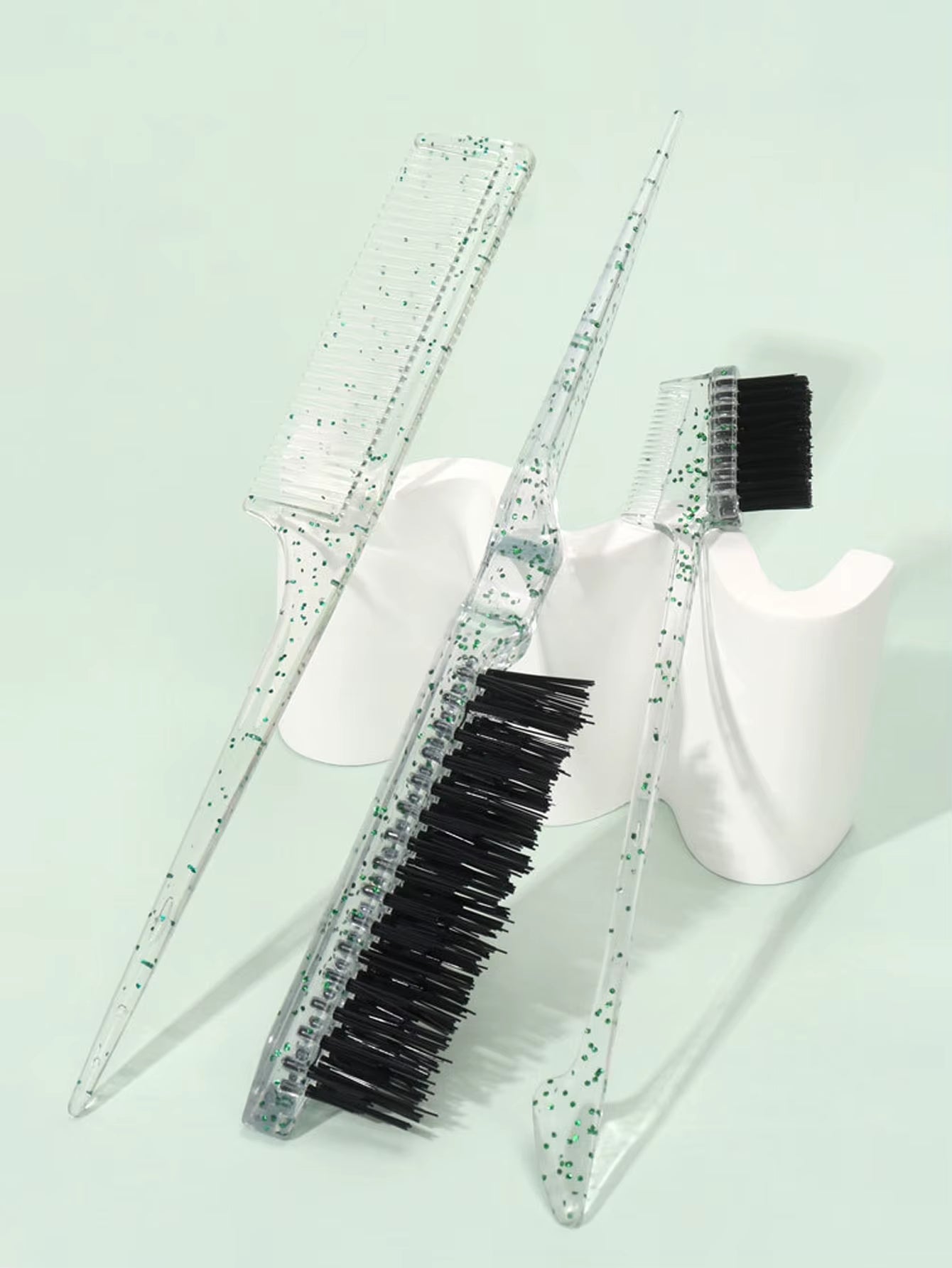3-Piece Transparent Comb Set with Double-Sided Edge Control Brush Tear Brush and Pointed Tail Comb Special for Real Hair Wigs