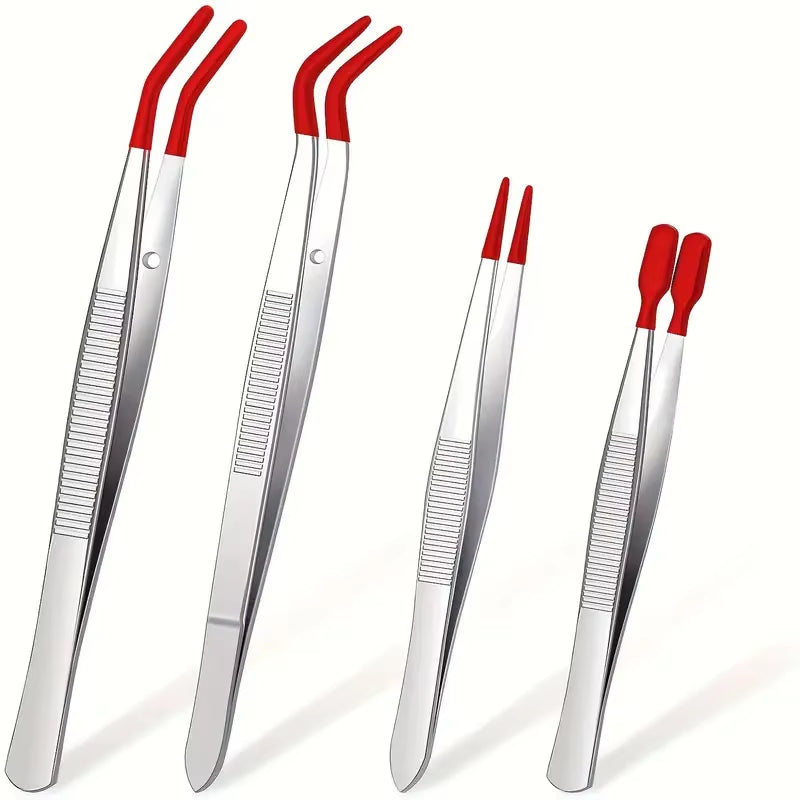1/4 Pieces Tweezers with Rubber Tips Tweezers Rubber PVC Silicone Coated Non Marring Flat Tip Bent Tip Tweezers Tipped Tweezers