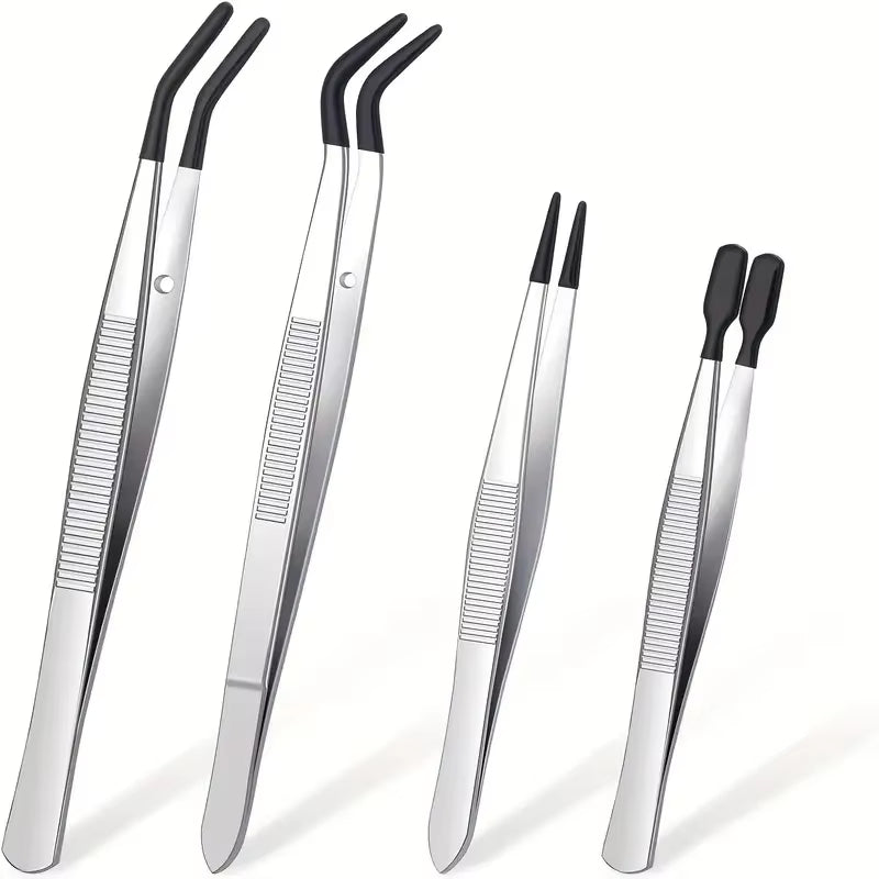1/4 Pieces Tweezers with Rubber Tips Tweezers Rubber PVC Silicone Coated Non Marring Flat Tip Bent Tip Tweezers Tipped Tweezers