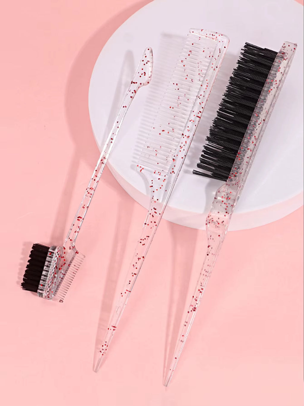 3-Piece Transparent Comb Set with Double-Sided Edge Control Brush Tear Brush and Pointed Tail Comb Special for Real Hair Wigs