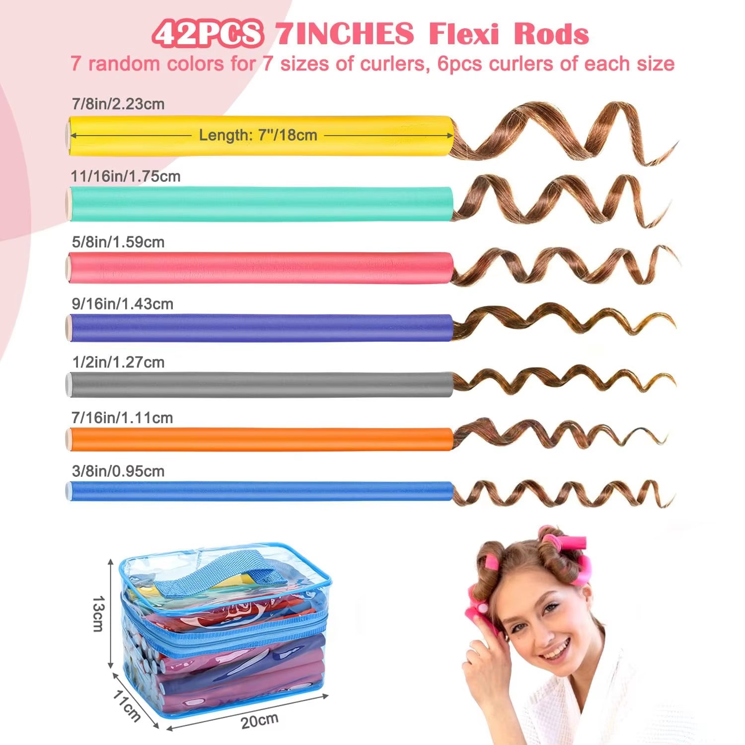 42-Pack Salon Heatless Flexible Hair Rollers Curlers 7" Soft Foam Flexi Twist Curling Rods for Short Long Hair Styling Tools