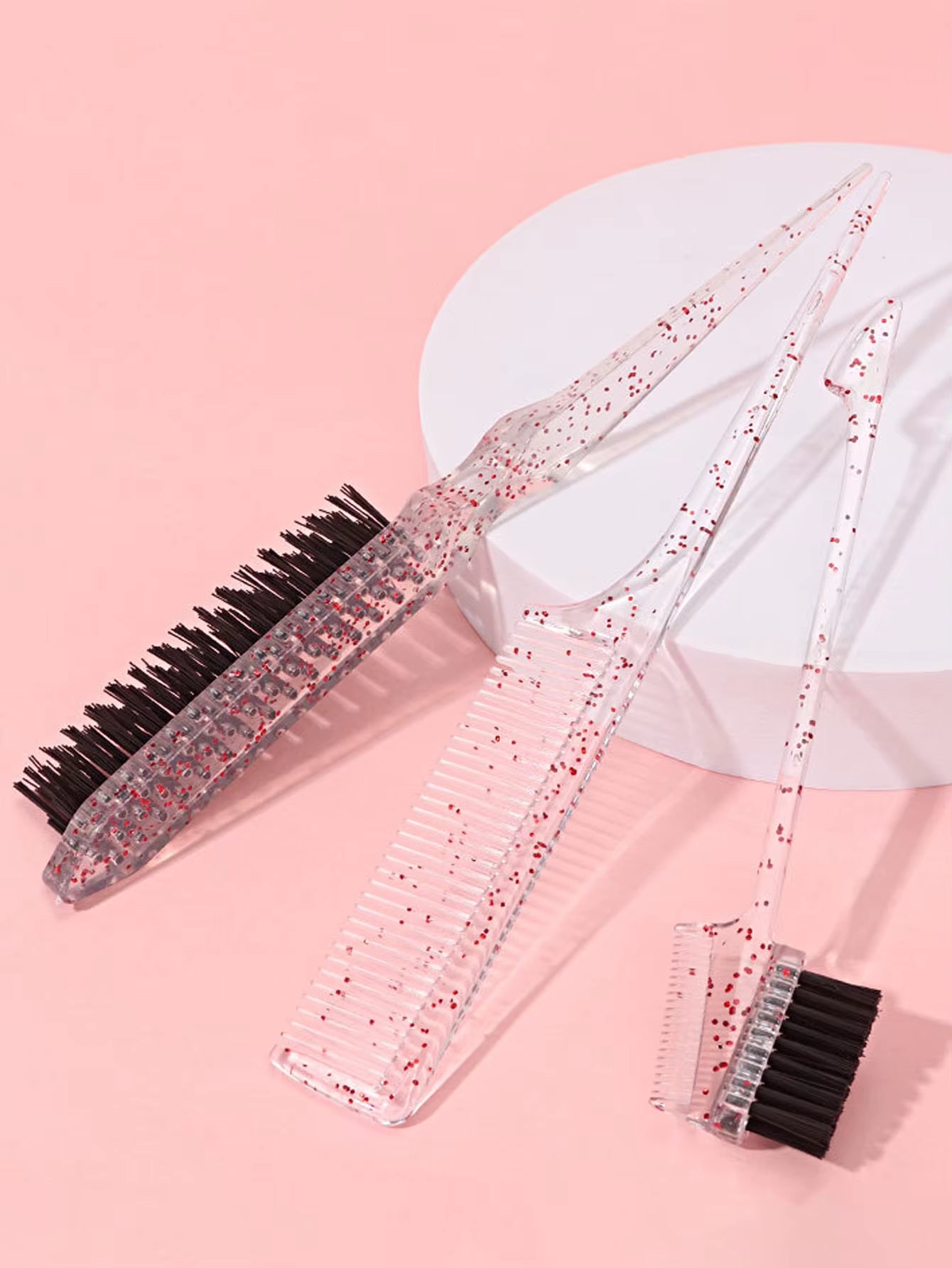 3-Piece Transparent Comb Set with Double-Sided Edge Control Brush Tear Brush and Pointed Tail Comb Special for Real Hair Wigs