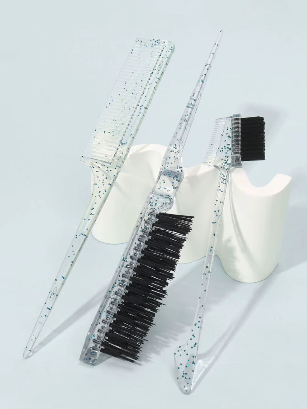 3-Piece Transparent Comb Set with Double-Sided Edge Control Brush Tear Brush and Pointed Tail Comb Special for Real Hair Wigs