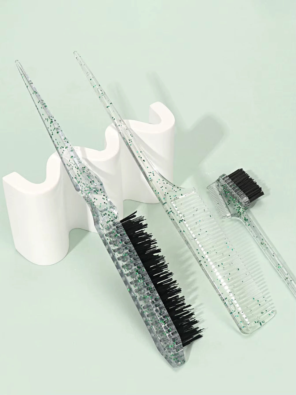 3-Piece Transparent Comb Set with Double-Sided Edge Control Brush Tear Brush and Pointed Tail Comb Special for Real Hair Wigs