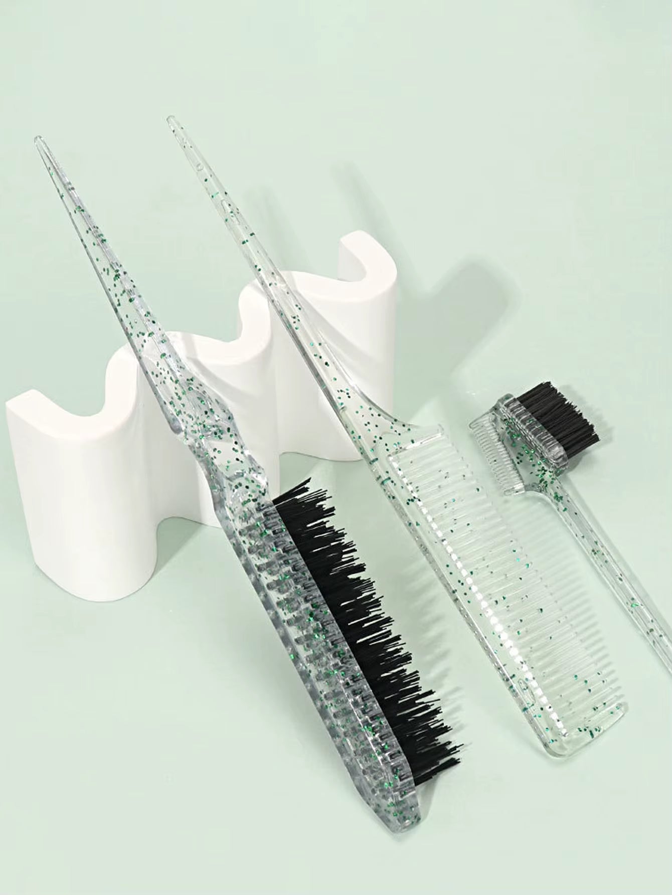 3-Piece Transparent Comb Set with Double-Sided Edge Control Brush Tear Brush and Pointed Tail Comb Special for Real Hair Wigs
